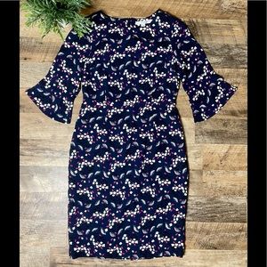 Boden Sheath Dress midi length Floral Design bell sleeve crew neck